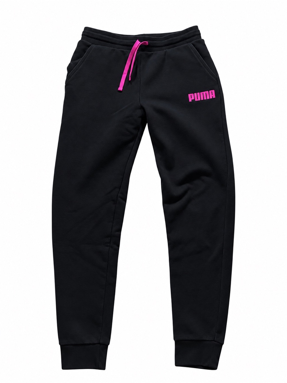 Puma Black Joggers with Hot Pink Logo & Drawstring